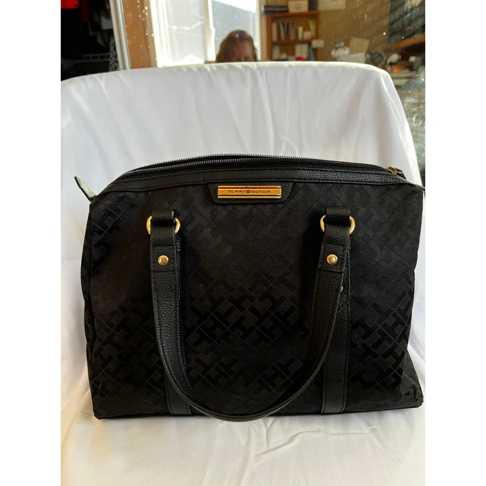 Tommy Hilfiger Black Signature Monogram Satchel‎ Handbag Gold Hardware